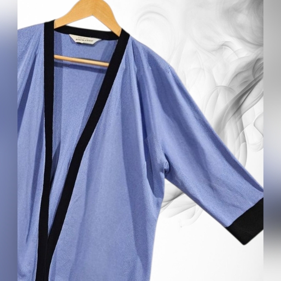Misook SZ L Periwinkle 3/4 Sleeve Open Front Black Trim Dressy Cardigan - Picture 1 of 8